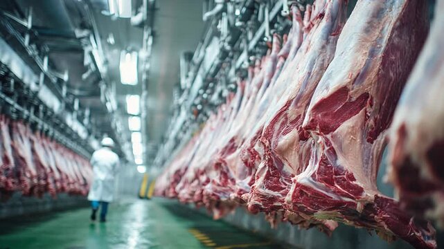 Meat processing plant worker walking through refrigerated room