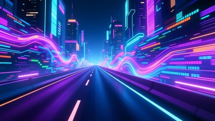 A futuristic cityscape at dusk with neon lights illuminating the highway and skyscrapers
