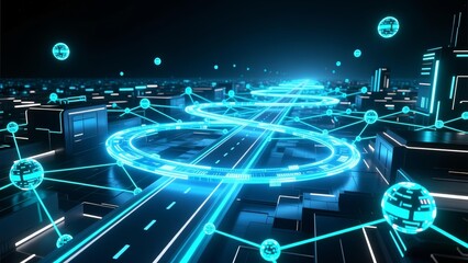 Futuristic cityscape with glowing blue neon circles and network connections at night