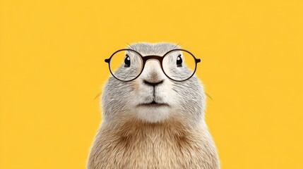 Humorous close-up of a furry groundhog (or prairie dog/marmot) wearing round prescription glasses on a bright yellow background. Ideal for education, comedy, animal, and business blogs/sites on topics