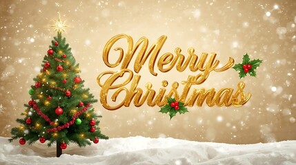 Thumbnail for Merry Christmas featuring a joyful winter scene with snowflakes gently falling around a beautifully decorated Christmas tree with bright red and green ornaments, golden lights.