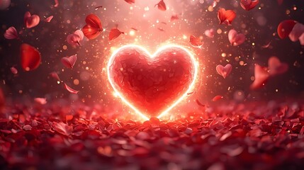 A glowing heart-shaped aura in the center of the scene, surrounded by floating petals and musical notes.