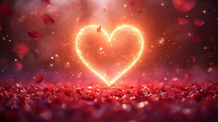 A glowing heart-shaped aura in the center of the scene, surrounded by floating petals and musical notes.