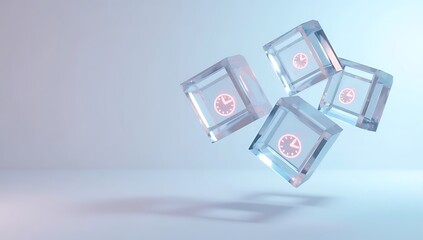 Transparent crystalline cubes floating in mid-air, each containing glowing clocks, watches, or time symbols, calm pastel environment, soft shadows, metaphor for productivity, scheduling, time control,
