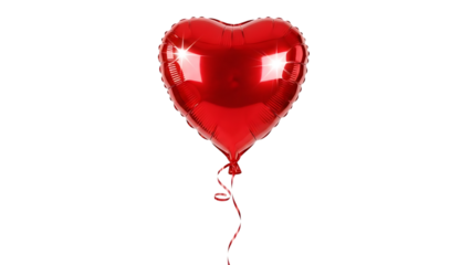 Shiny red foil heart shaped balloon with ribbon isolated on transparent background