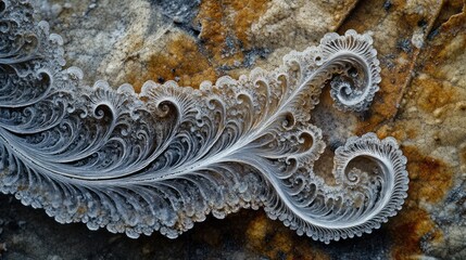 Frost patterns on a fallen autumn leaf in the highlands, intricate icy lacework, ephemeral beauty, macro