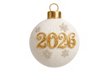 White knitted christmas bauble decoration with golden 2026 number and snowflakes for new year celebration