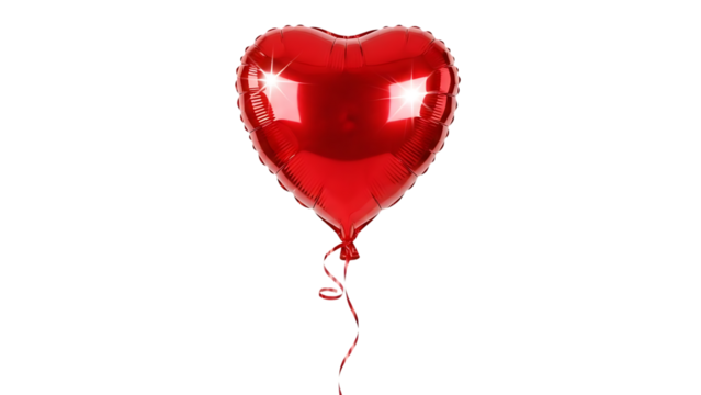 Shiny red foil heart shaped balloon with ribbon isolated on transparent background - Powered by Adobe