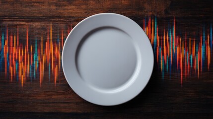 A white plate sits on a wooden surface, surrounded by colorful soundwave patterns, creating a contrast between culinary and auditory elements.