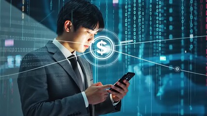Businessman analyzing financial data on smartphone amidst digital binary code in a modern office - Powered by Adobe