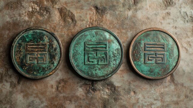 Three ancient I Ching coins, bronze with verdigris, characters subtly luminous, as if just cast, revealing a hexagram of light lines