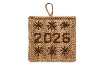 New year 2026 knitted brown beige holiday ornament with snowflakes on transparent background