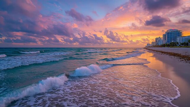 Ocean waves crashing on Miami beach at sunset
