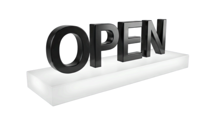 Open Sign In 3D Black Letters With White Illuminated Base Isolated On Transparent Background
