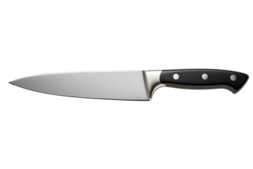 Silver kitchen knife, black handle, sharp blade