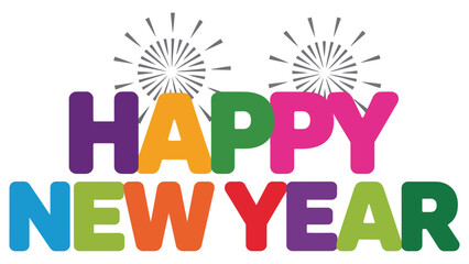 Bright and colorful Happy New Year typography design with bold rainbow letters and simple fireworks, perfect for festive cards, holiday greetings and celebration graphics