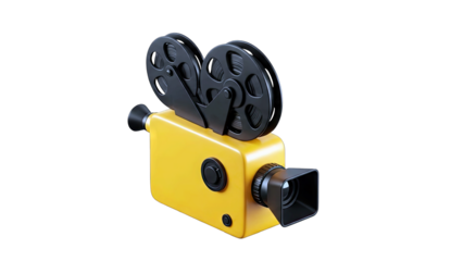 Retro Yellow 3D Movie Camera With Black Reels and Lens on Transparent Background Symbolizing Filmmaking and Cinema Production