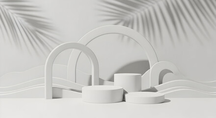 Minimalist White Product Display with Abstract Arches and Cylinders