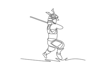 Single continuous line drawing strong samurai in full traditional armor running forward in crouched stance with katana, showing fast aggressive action. One line draw graphic design vector illustration