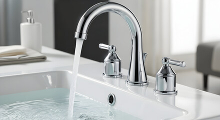 Modern Bathroom Sink with Flowing Water and Polished Chrome Faucet