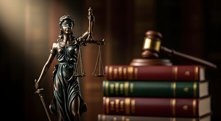 Lady Justice Statue with Scales, Sword, Gavel, and Law Books in Dramatic Lighting