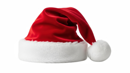A classic Santa Claus hat with a white faux fur trim and a fluffy white pom-pom, lying on its side on a transparent background, fabric texture detailed, with a soft shadow beneath.
