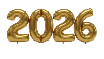 A cluster of gold-foil inflated number balloons for 2, 0, 2, and 6, tethered together by invisible string, floating against a transparent background with realistic reflections.