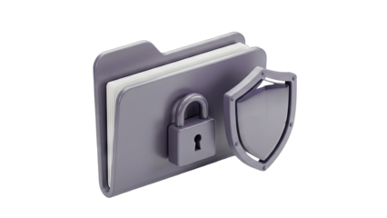 Secure Folder Icon With Padlock and Shield Symbol In 3D Rendering Transparent Background