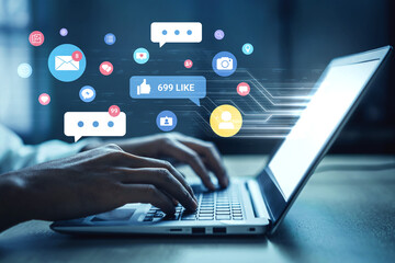 Multiple social media icons, likes, messages, and notifications representing online interaction, engagement, and digital communication Parse