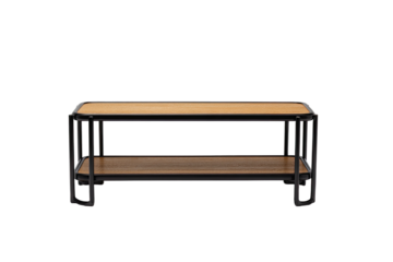 Wood topped metal coffee table, two tiers, minimalist design