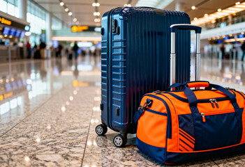 Blue hardshell suitcase and orange duffel bag on airport marble floor, travel, vacation, and business trip concept with blurry terminal background