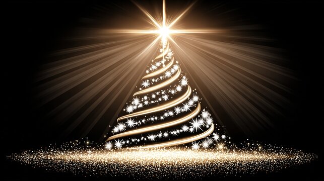 Minimal golden line Xmas tree illo: soft light hi-res, dark bg blank for text overlay, fits invite, e-card, corporate festive PPT backdrop