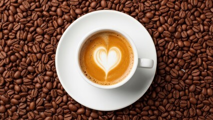 Perfect Latte Art Coffee Cup on Roasted Beans Background &ndash; Aesthetic Barista Brew for Caf&eacute; Lovers, Espresso Fans, and Coffee Culture Enthusiasts