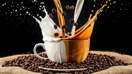 "Artistic Coffee Splash with Milk and Cream in Mid-Air Motion Featuring Beans, Cup, Burlap Texture, and Dark Background for Visual Impact"