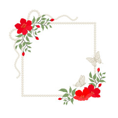 Elegant Square Pearl Border with Red Flowers and Butterflies. Romantic White Pearl Frame with Corner Floral Decoration. Vector Illustration of Pearl Frame for Wedding or Valentine's Day.