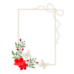 Elegant Rectangular Pearl Border with Corner Floral Bouquet and Butterflies. Romantic Vintage White Pearl Frame with Corner Flower Decoration. Vector Illustration of Pearl