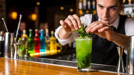 バーテンダーがカクテルを丁寧に飾り付け爽やかなミントの香りが漂う瞬間を捉えた写真