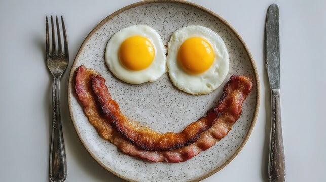 Overhead smiley egg-bacon breakfast: hi-key white bg, Unsplash texture, angled cutlery & copy space, perfect for menu cover, nutrition tut thumbnail, cooking slide