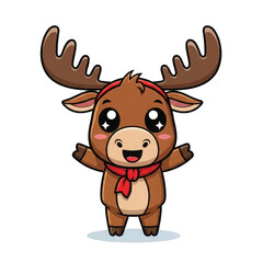 Fototapeta premium Adorable Moose Character: A cheerful moose character with a welcoming smile, adorned with a red scarf and a headband, stands ready to embrace the day, radiating warmth and friendliness.