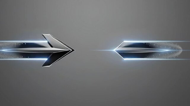 A sleek, futuristic 3D metallic arrow pointing to the left, featuring a polished silver finish and glowing blue motion trails set against a dark grey gradient background, symbolizing speed and high-te