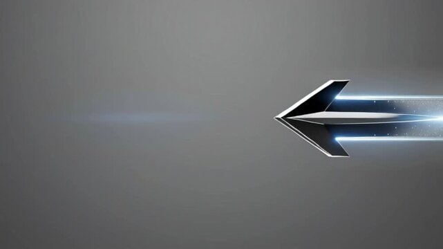 A sleek, futuristic 3D metallic arrow pointing to the left, featuring a polished silver finish and glowing blue motion trails set against a dark grey gradient background, symbolizing speed and high-te