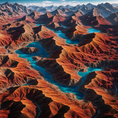 Aerial View of Rugged Red Mountains with Winding Turquoise River