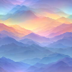 Obraz premium Layers of beautiful abstract mountain landscape in sunset or sunrise colors. Gradient of purple, orange, and blue. Haze and fog atmospheric view.
