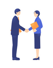 握手をする女性リーダーと男性。協力し合う男女の全身ベクターイラスト素材。