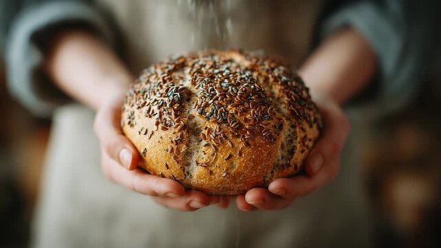 Warm bread held gently in hands slow motion