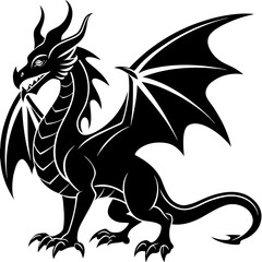 Black silhouette of a fierce dragon with wings spread wide