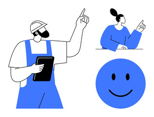 Workplace communication. A construction worker holding a tablet, a businesswoman engaging in discussion, and a happy face conveying positive workplace communication. For teamwork, professional