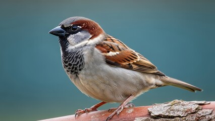 Close-Up House Sparrow Perched on Branch with Brown, Black, White Plumage in Natural Habitat for Birdwatching, Ornithology, Wildlife Photography Reference