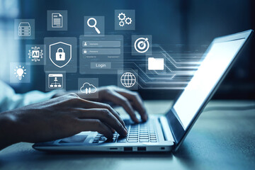 Obraz premium A focused workspace featuring hands typing on a laptop, surrounded by digital interface icons that symbolize cybersecurity and online privacy in today technology landscape. Gantry