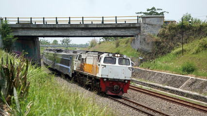 A fast-moving train glides smoothly along the railway tracks, showcasing power, motion, and precision in transportation © AntxPhotoStock